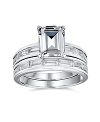 Bling Jewelry Art Deco Style 2CT Cz Emerald Cut & Channel Baguette Band Promise Ring Set Sterling Silver