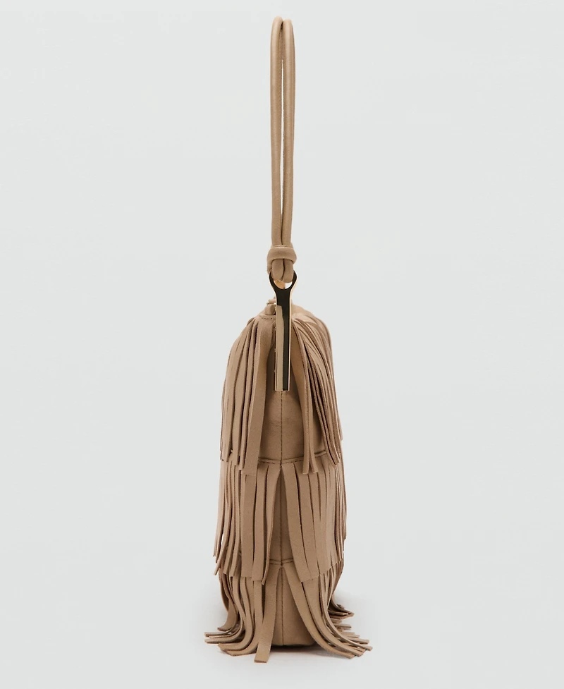 Mango Women's Fringes Detail Large Leather Shoulder Bag