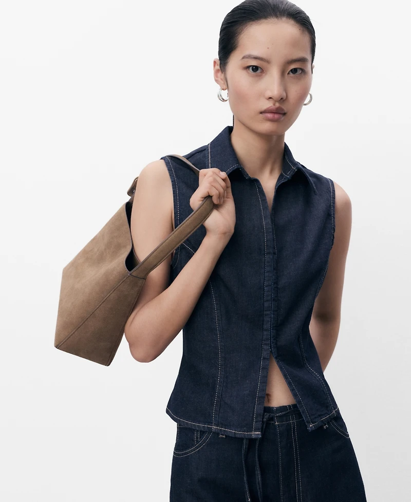 Mango Women's Contrast Stitching Denim Top