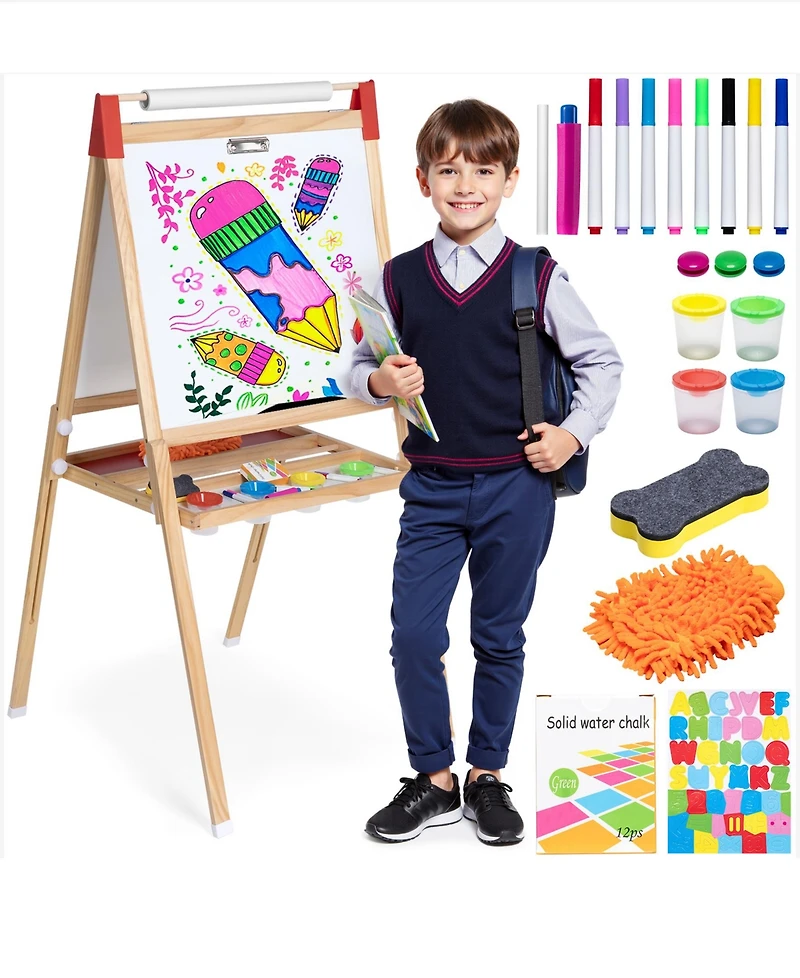 Sugift 3-in-1 Adjustable Kids Art Easel with Chalkboard, Whiteboard, and Paper Roll