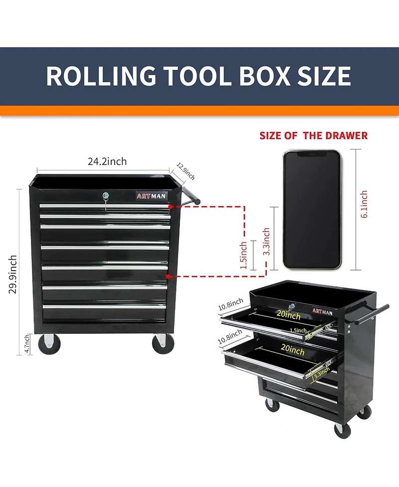 Flynama Black 7-Drawer Industrial Tool Cart with Locking Wheels and Ball Bearing Slides