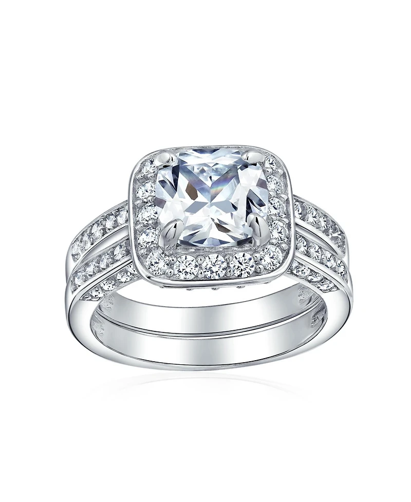 Bling Jewelry 2CT Cushion Cut Cz Promise Ring Sterling Silver with Three-Sided Double Pave Band