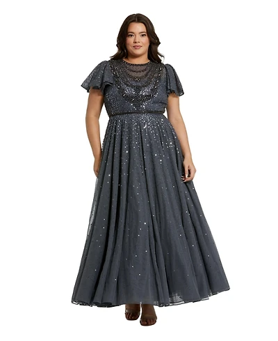 Mac Duggal Women's Sheer Flutter Sleeve Beaded Fluffy Net Gown