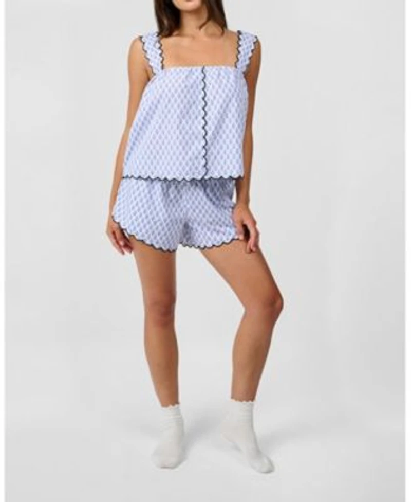 Scallop Button Front Tank Top Scallop Short Pajama Set