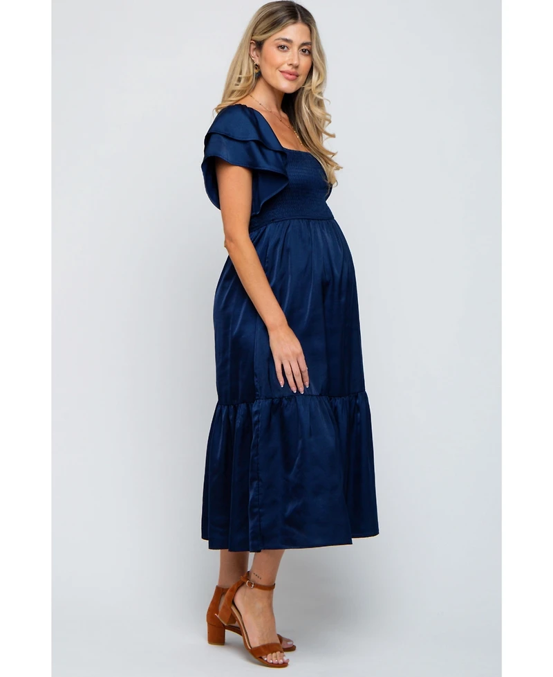 Pinkblush Maternity Navy Satin Flutter Sleeve Midi Dress