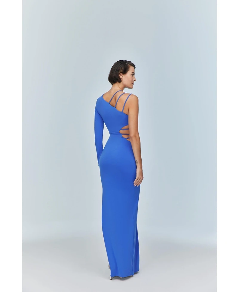 Jendue Us Women's Aurora One Shoulder Denim Maxi Dress - Elegant Blue Cutout Gown