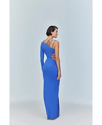 Jendue Us Women's Aurora One Shoulder Denim Maxi Dress - Elegant Blue Cutout Gown