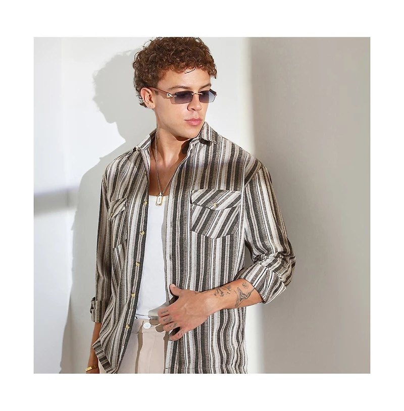 Campus Sutra Men's Taupe Brown & Sepia Brown Multitrack Striped Oversized Shirt