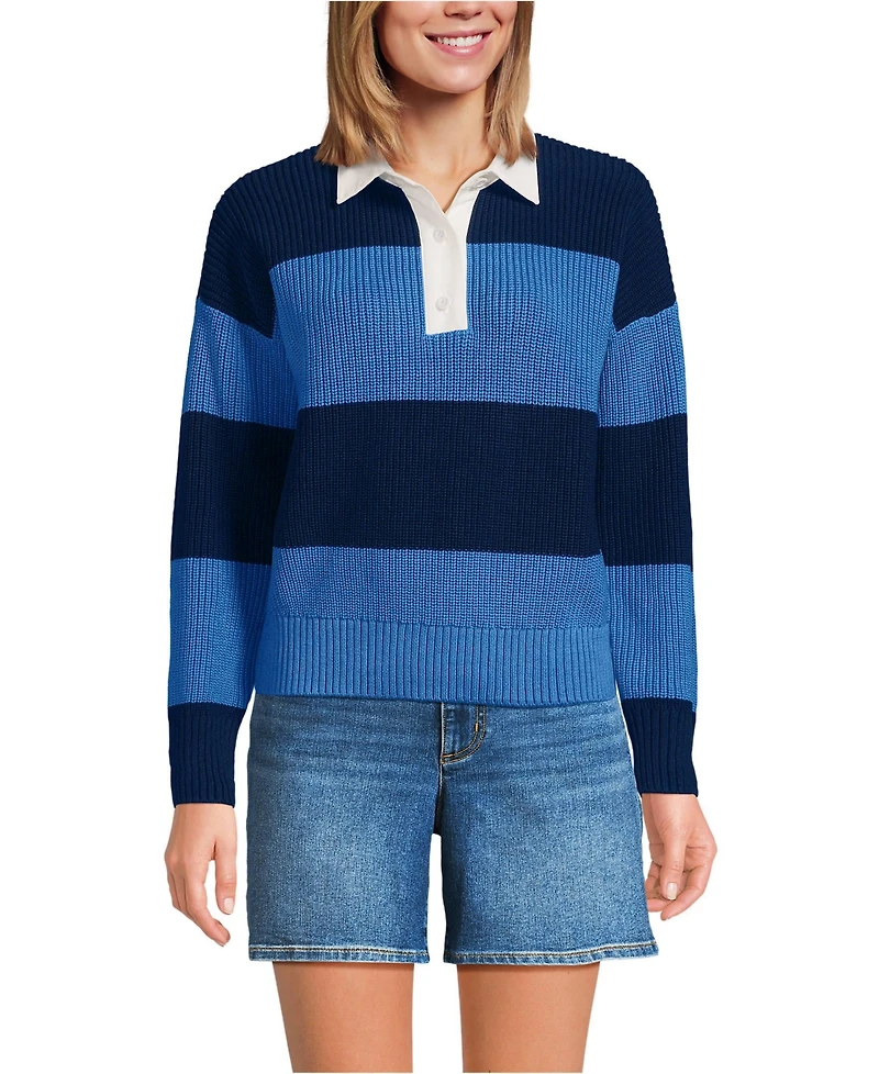 Lands' End Women's Drifter Rugby with Woven Collar Sweater
