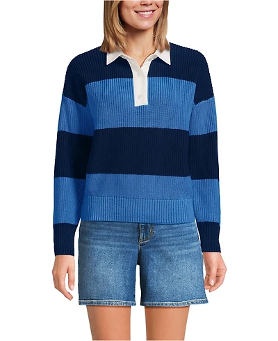 Lands' End Women's Drifter Rugby with Woven Collar Sweater