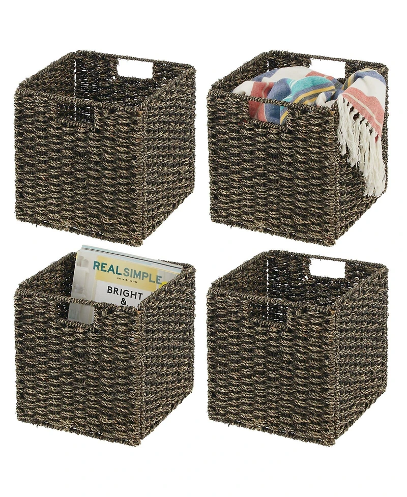mDesign Seagrass Woven Cube Bin Basket Organizer, Handles, 4 Pack, Black Wash