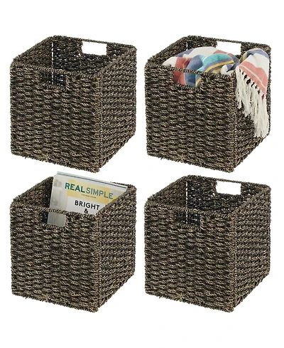 mDesign Seagrass Woven Cube Bin Basket Organizer, Handles, 4 Pack, Black Wash