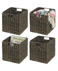 mDesign Seagrass Woven Cube Bin Basket Organizer, Handles, 4 Pack, Black Wash