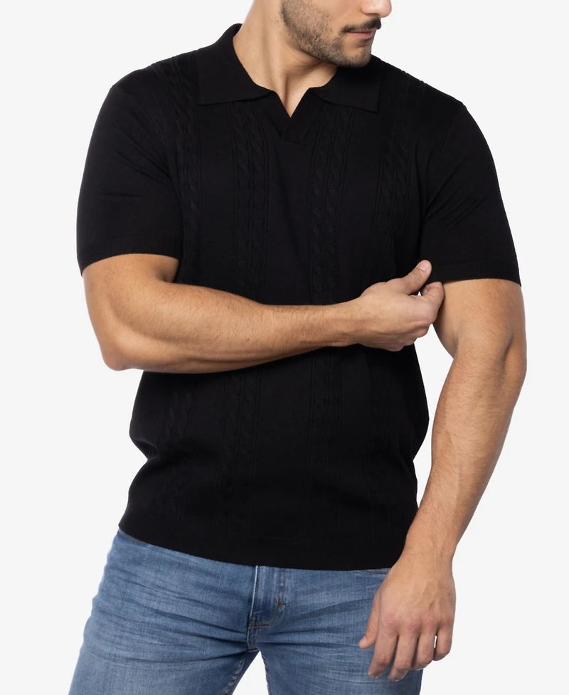 Spring + Mercer Men's Cable Knit Johnny Collar Short Sleeve Sweater Polo