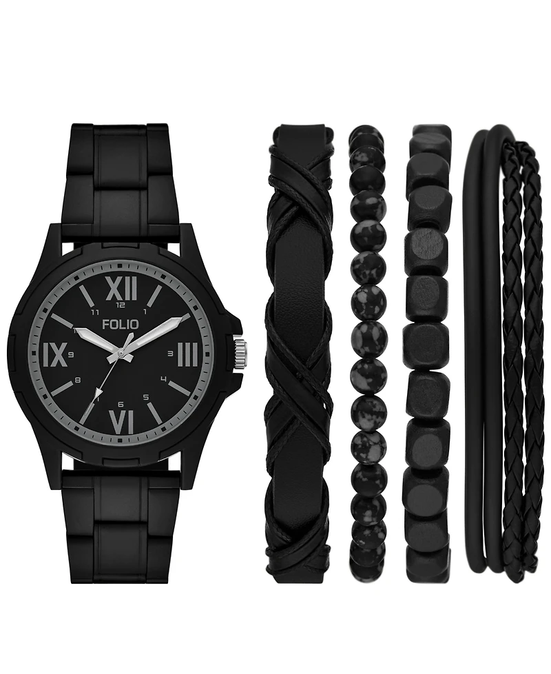 Folio Men's Quartz Three-Hand Black Alloy Watch Set, 49mm
