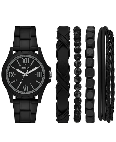 Folio Men's Quartz Three-Hand Black Alloy Watch Set, 49mm