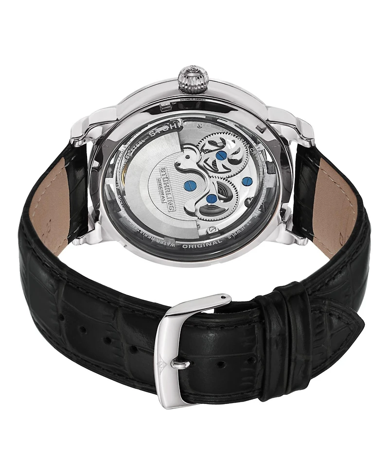 Stuhrling Men's Legacy Black Leather, Silver-Tone Dial, 46mm Round Watch
