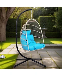 Flynama Blue Wicker Egg Hanging Chair with Stand and 350 lb Capacity