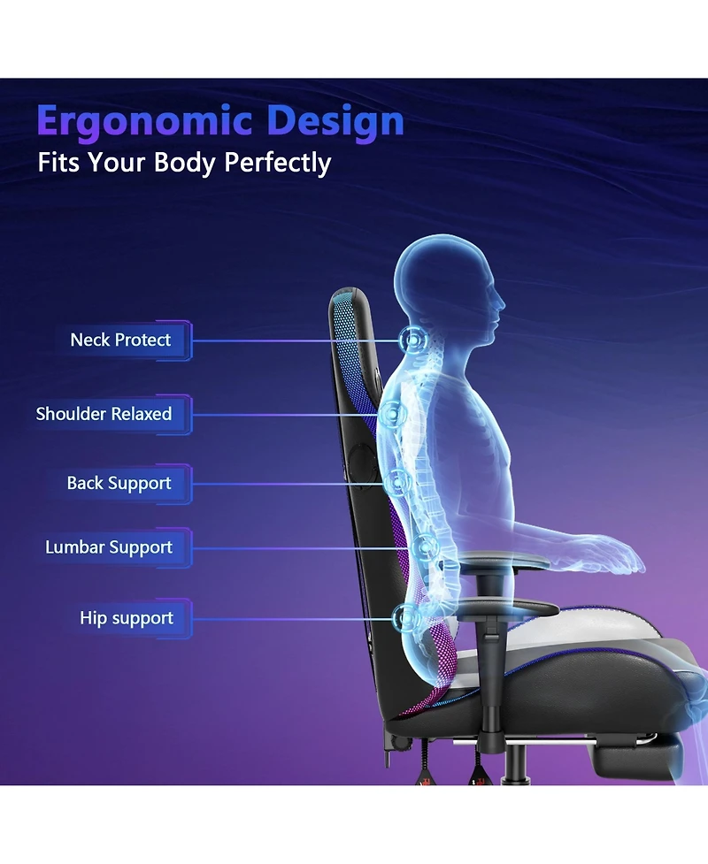 Mr Ironstone Gaming Chair with Speakers and Led Lights Ergonomic Massage Computer Gaming Chair with Broaden Cusion and Footrest High Back Video Game C