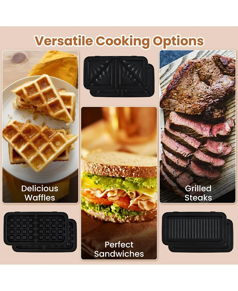 3 in 1 Waffle Iron Panini Press Grill and Sandwich Maker Set with Removable Non-Stick Plates & Portable Cool Touch Handle