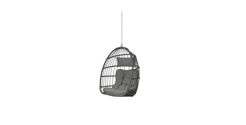 Flynama 55 Inch Dark Gray Rattan Egg Swing Chair with Stand and Deep Gray Cushion