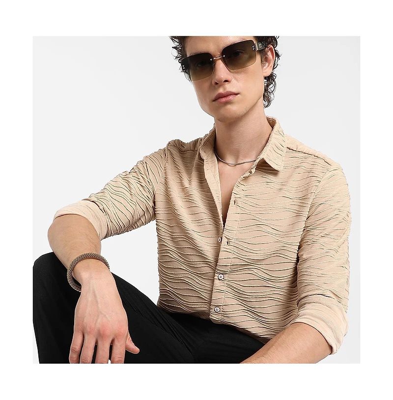 Campus Sutra Men's Saltbox Beige Self-Design Wave Shirt