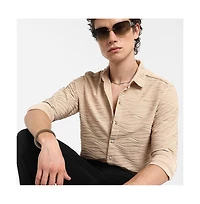 Campus Sutra Men's Saltbox Beige Self-Design Wave Shirt