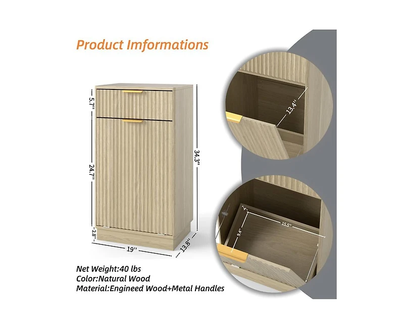 Casainc 10-Gallon Woodgrain Tilt-Out Trash Can Cabinet with Wave-Textured Drawer & Pull-Out Bin