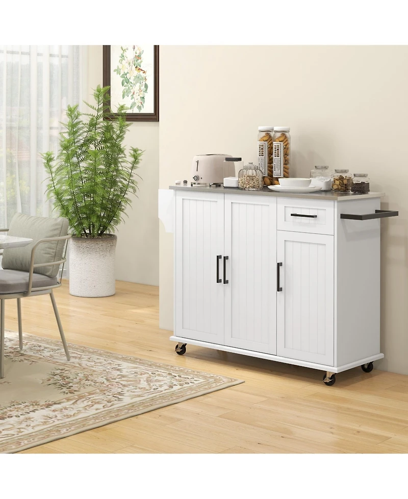 Halifax North America White Rolling Kitchen Island: Stainless Top, 3 Cabinets