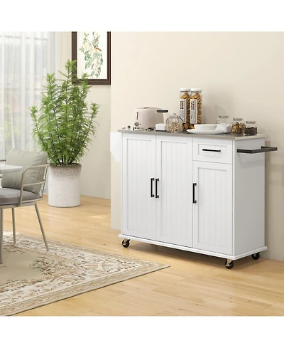 Halifax North America White Rolling Kitchen Island: Stainless Top, 3 Cabinets
