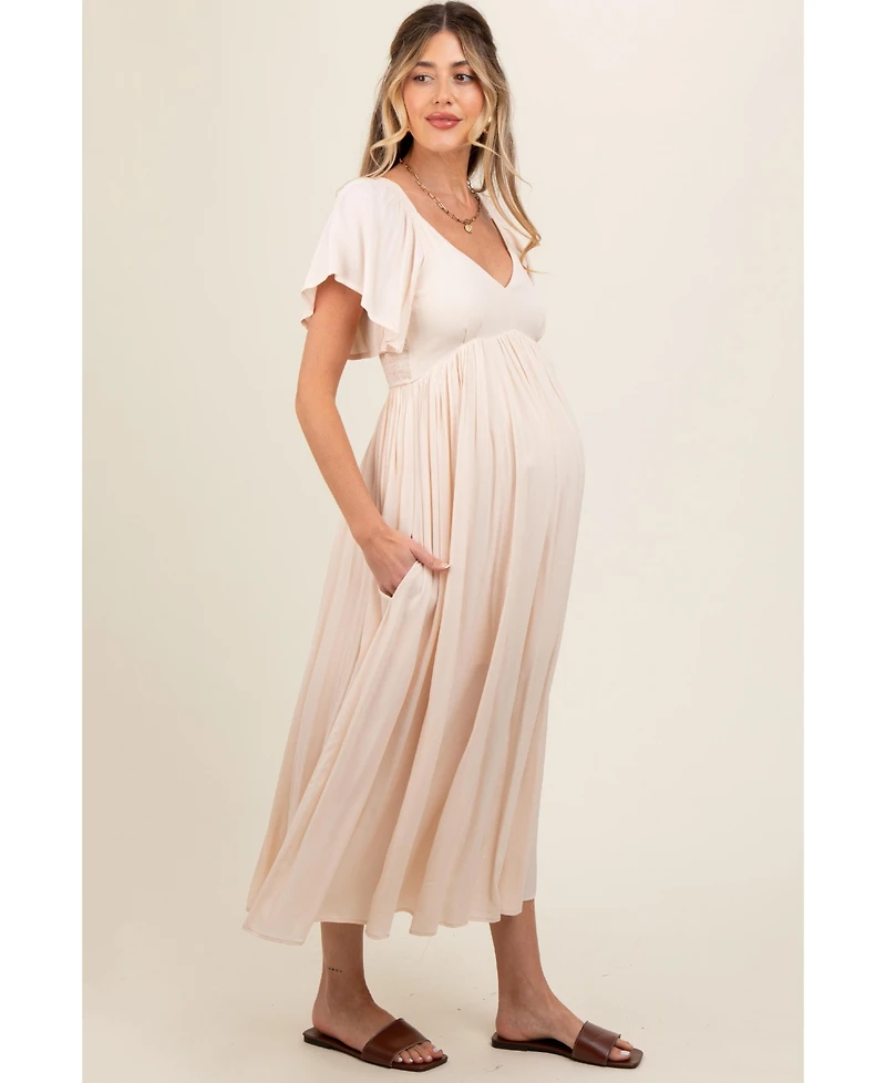 Pinkblush Maternity Cream V-Neck Flutter Short Sleeve Midi Dress