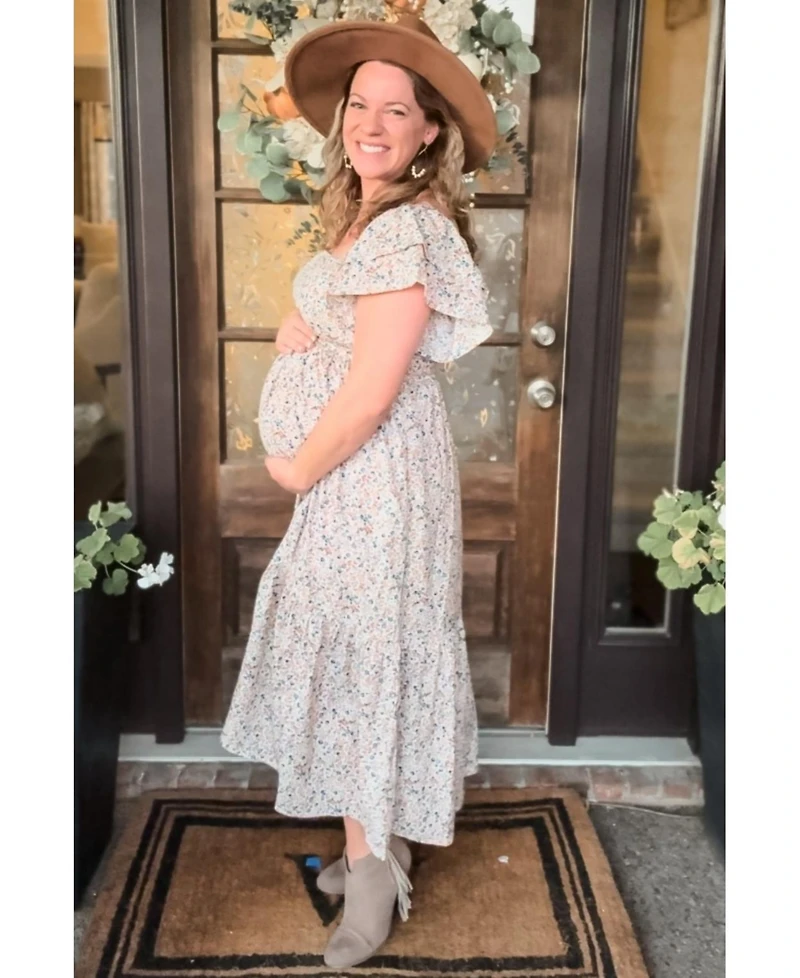 Cream Floral Flutter Maternity Midi Dress