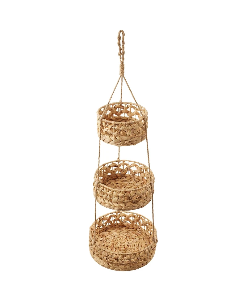 Casafield 3-Tier Hanging Fruit Basket Set, Natural Water Hyacinth Storage Baskets for Produce, Herbs, Plants, Boho Kitchen Pantry Storage Organizer