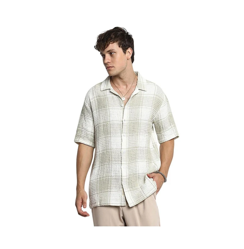 Campus Sutra Men's Greige & Ivory White Buffalo Check Oversized Shirt