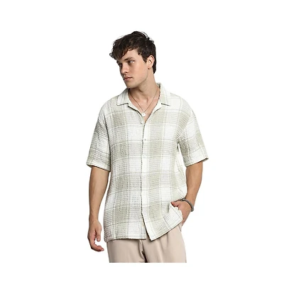 Campus Sutra Men's Greige & Ivory White Buffalo Check Oversized Shirt