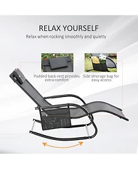 Outsunny Outdoor Rocking Chair, Patio Sling Sun Lounger, Pocket, Recliner Rocker, Lounge Chair with Detachable Pillow for Deck, Garden, or Pool, Black