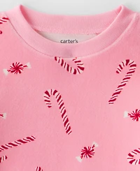 Carter's Toddler Girls 2-Piece Velour Peppermint Printed Pajama Top and Pants Set