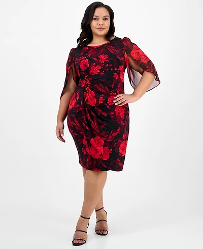 Connected Plus Printed Cape-Sleeve Sheath Dress