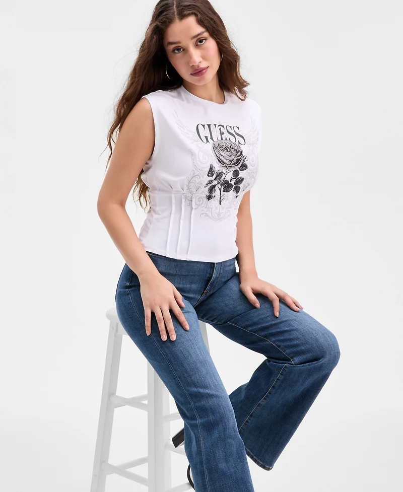 Guess Women's Rose Graphic Corset-Detail Top