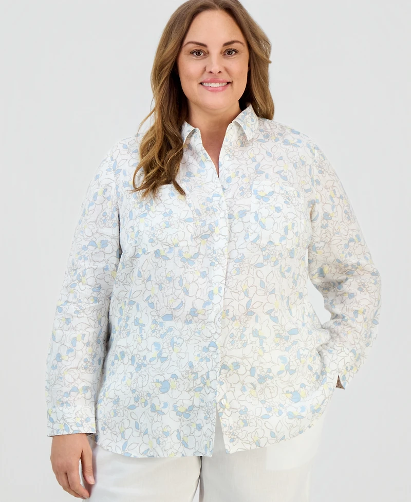 Charter Club Plus 100% Linen Floral Button-Front Shirt, Macy's Exclusive