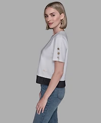 Karl Lagerfeld Paris Women's Pleated Trim Hem Blouse