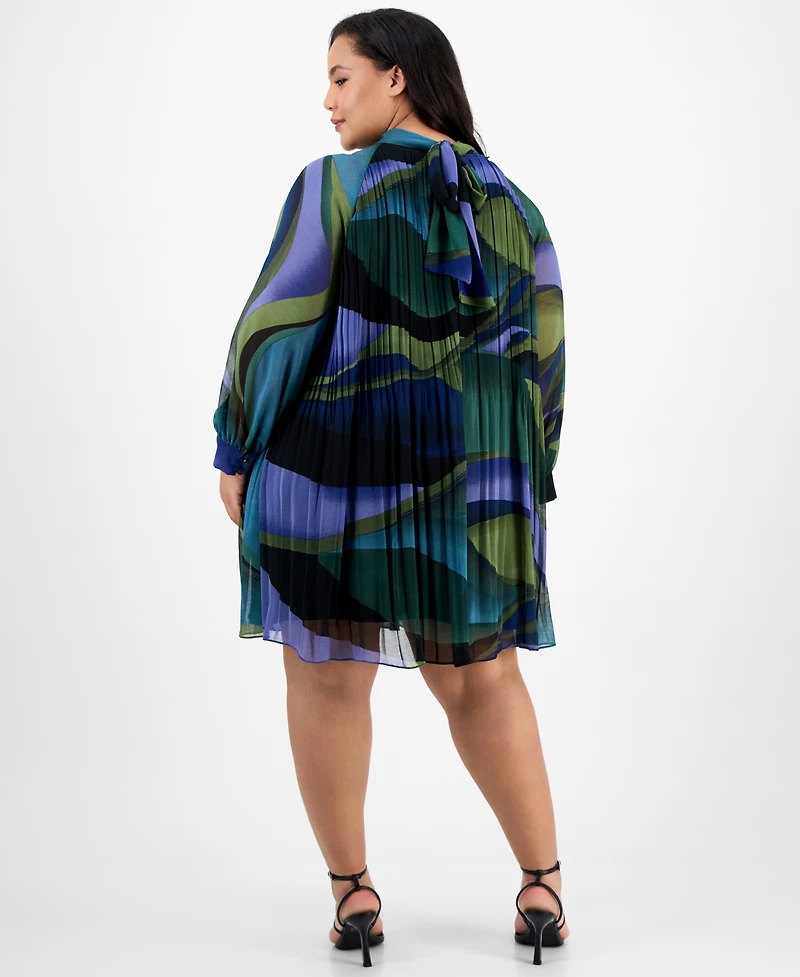 London Times Plus Printed Pleated Blouson-Sleeve Shift Dress