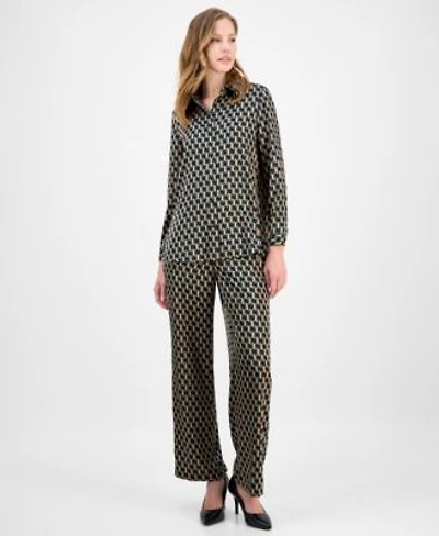 Anne Klein Womens Printed Blouse Wide Leg Pull On Pants