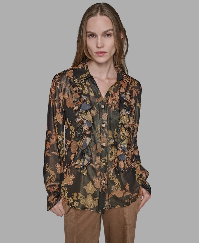 Karl Lagerfeld Paris Women's Printed Ruffled Long Sleeves Blouse