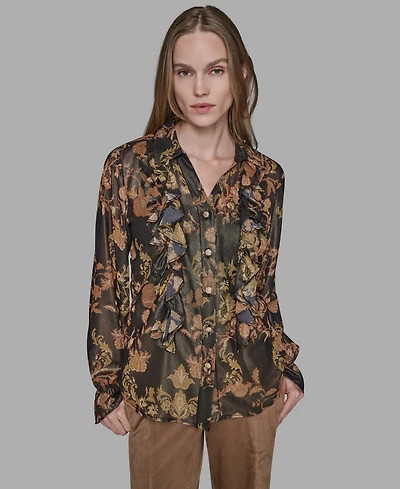Karl Lagerfeld Paris Women's Printed Ruffled Long Sleeves Blouse