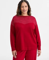 Ak Anne Klein Plus Embellished Boat-Neck Sweater