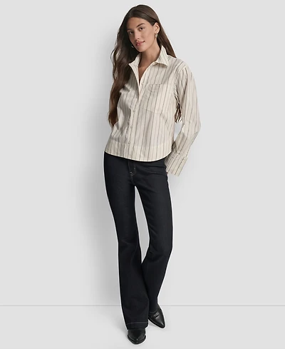 Dkny Jeans Women's Cropped Long Sleeve Button Front Shirt