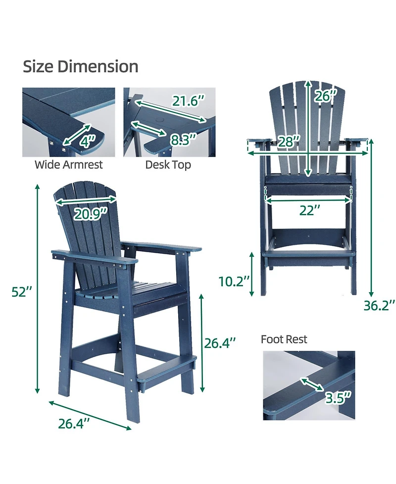 Aoodor Tall Adirondack Chair Hdpe Bar Stool with Connecting Tray for Lawn Backyard Garden, Set of 2
