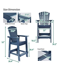Aoodor Tall Adirondack Chair Hdpe Bar Stool with Connecting Tray for Lawn Backyard Garden, Set of 2