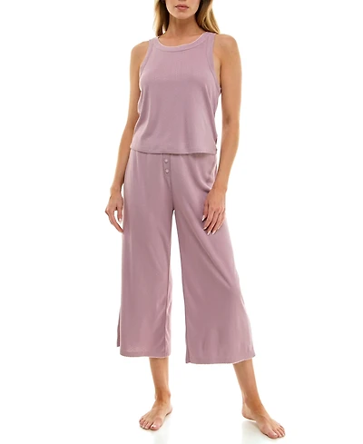 Roudelain Women's 2-Piece Contrast Binding Sleeveless T-Shirt and Pajama Set